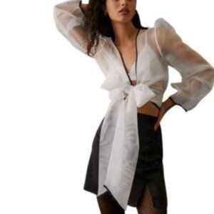 Anthropologie Maeve Womens Sheer Shimmer Organza Cropped Bow Blouse XS New